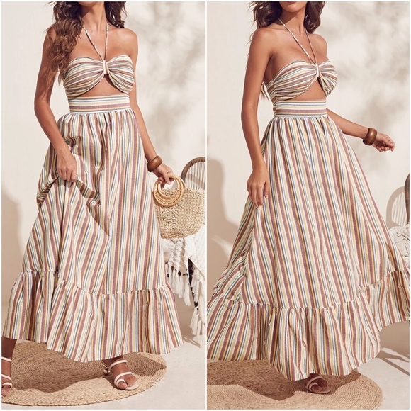 Boho Stripes Halter Flowy Maxi Dress - Picture 5 of 8